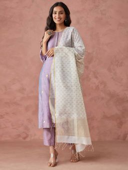Fabindia - White Cotton Silk Blend Hand Block Printed Dupatta