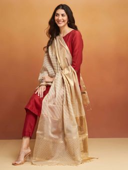 Fabindia - Beige Cotton Silk Blend Hand Block Printed Dupatta