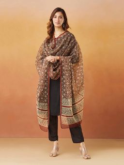 Fabindia - Brown Cotton Silk Printed Dupatta
