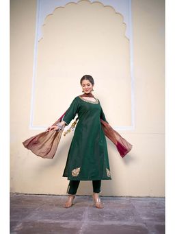 The Home Affair - Bottle Green Ganapati Cotton Silk Kurta Set