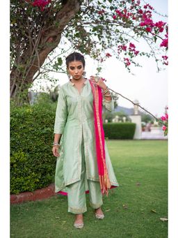 The Home Affair - Green Pink Ganapati Cotton Silk Kurta Set