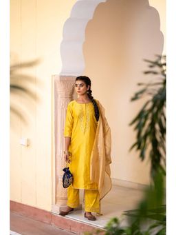 The Home Affair - Minted Yellow Ganapati Cotton Silk Kurta Set
