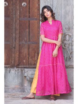 The Home Affair - Pink Yellow Motif Cotton Silk Kurta Set