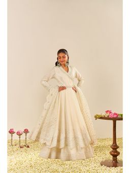 Sheetal Batra - Ivory Ameena Long Angarkha with Lehenga and Dupatta (Set of 3)