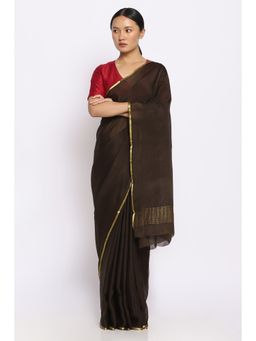 Via East - Striped Mud Brown Crepe Saree with Unstitched Blouse