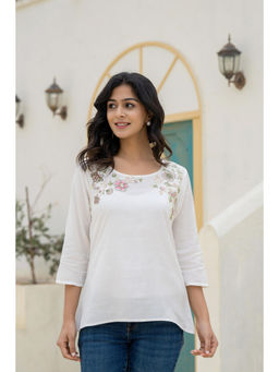 Juniper - White Solid Viscose Tunic With Thread Work