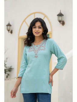 Juniper - Aqua Geometric Viscose Tunic With Thread Work