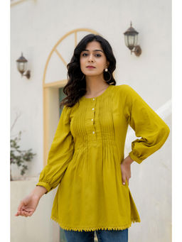 Juniper - Lime Solid Viscose Tunic With Buttons & Lace