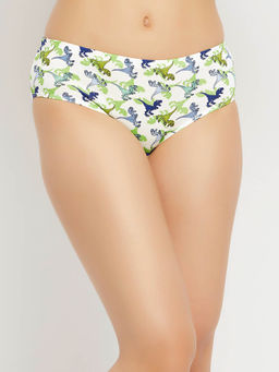 Clovia - Mid Waist Dinosaur Print Hipster Panty In White With Inner Elastic - Cotton