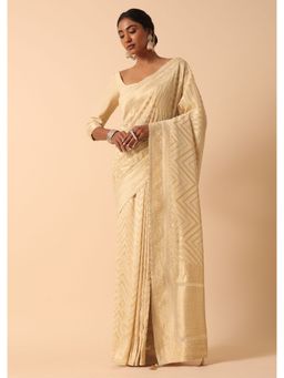 KALKI FASHION - Off White Georgette Woven Tassel Saree with Unstitched Blouse
