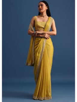 KALKI FASHION - Yellow Tissue Organza Sequined Cut Dana Border Saree with Unstitched Blouse