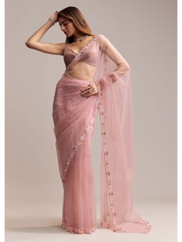 KALKI FASHION - Pink Net Sequined Beads Work Saree with Unstitched Blouse