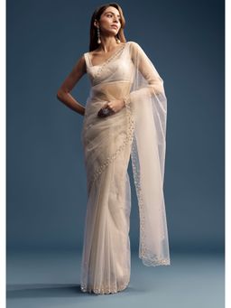 KALKI FASHION - Off White Net Sequined Cut Dana Saree with Unstitched Blouse