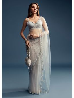 KALKI FASHION - Grey Net Sequined Beads Work Saree with Unstitched Blouse
