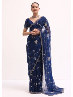 KALKI FASHION - Navy Blue Sequined Cut Dana Work Saree with Unstitched Blouse