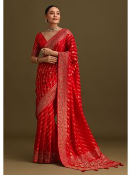 KALKI FASHION - Red Handloom Woven Zardozi Work Saree with Unstitched Blouse