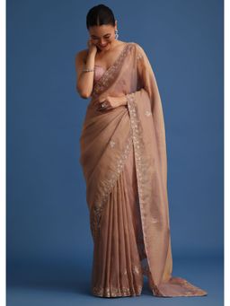 KALKI FASHION - Beige Tissue Stones and Cut Dana Embroidered Saree with Unstitched Blouse