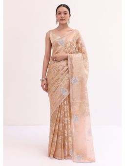 KALKI FASHION - Beige Chanderi Woven Stone Work Saree with Unstitched Blouse