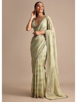 KALKI FASHION - Pista Green Embroidered Georgette Stones Work Saree with Unstitched Blouse