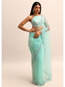 KALKI FASHION - Sea Blue Net Sequined Cut Dana Work Saree with Unstitched Blouse