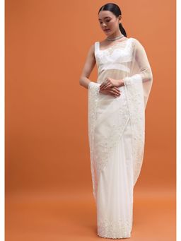 KALKI FASHION - White Organza Sequined Cut Dana Work Saree with Unstitched Blouse