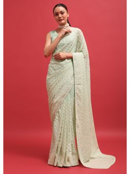KALKI FASHION - Green Embroidered Georgette Chikankari Saree with Unstitched Blouse