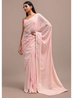 KALKI FASHION - Light Pink Embroidered Georgette Chikankari Saree with Unstitched Blouse