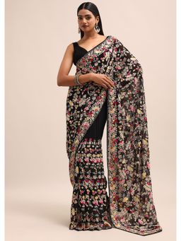 KALKI FASHION - Black Georgette Floral Embroidered Parsi Gara Saree with Unstitched Blouse