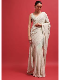 KALKI FASHION - Green Embroidered Chikankari Badla Work Saree with Unstitched Blouse