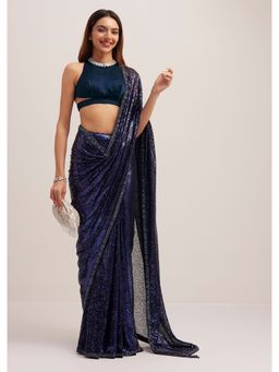 KALKI FASHION - Navy Blue Heavy Sequined Work Saree with Unstitched Blouse