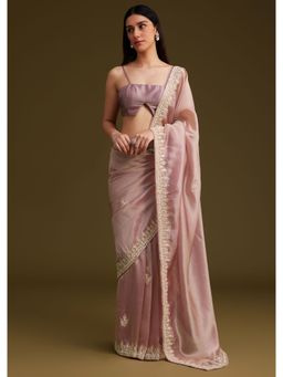 KALKI FASHION - Pink Tissue Sequined and Mirror Work Saree with Unstitched Blouse