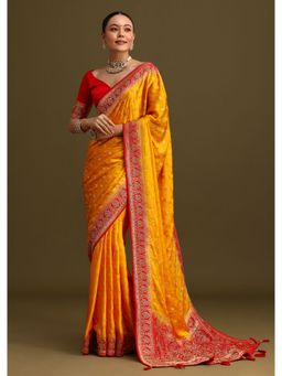 KALKI FASHION - Yellow Woven Zardozi Work Contrast Pallu Border Saree with Unstitched Blouse