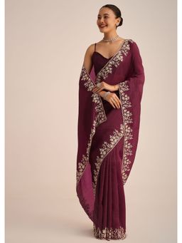 KALKI FASHION - Wine Tissue Sequined and Cut Dana Border Work Saree with Unstitched Blouse
