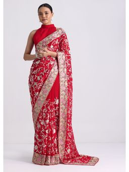 KALKI FASHION - Red Georgette Floral Embroidered Parsi Gara Work Saree with Unstitched Blouse