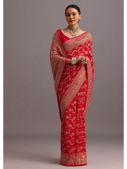 KALKI FASHION - Red Georgette Woven Sequined Work Saree with Unstitched Blouse