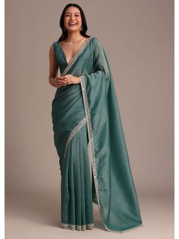 KALKI FASHION - Rama Green Crushed Tissue Embellished Mirror Work Saree with Unstitched Blouse