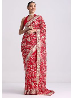 KALKI FASHION - Red Georgette Floral Embroidered Parsi Gara Work Saree with Unstitched Blouse