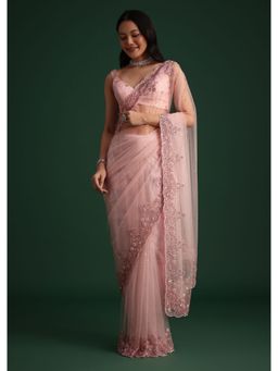KALKI FASHION - Light Pink Net Cut Dana and Sequined Work Saree with Unstitched Blouse