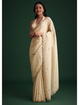 KALKI FASHION - Cream Tissue Cut Dana Stone Work Cutwork Border Saree with Unstitched Blouse