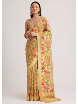 KALKI FASHION - Beige Georgette Zari Woven Jaal Bird Motifs Saree with Unstitched Blouse