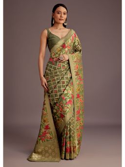 KALKI FASHION - Olive Georgette Zari Woven Jaal Bird Motifs Saree with Unstitched Blouse