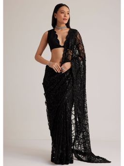 KALKI FASHION - Black Net Sequined and Stones Work Saree with Unstitched Blouse