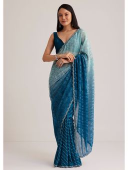 KALKI FASHION - Blue Ombre Sequined Scallop Border Saree with Unstitched Blouse