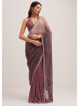 KALKI FASHION - Dark Brown Ombre Sequined Scallop Border Saree with Unstitched Blouse