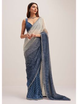 KALKI FASHION - Navy Blue Ombre Sequined Scallop Border Saree with Unstitched Blouse