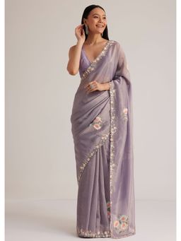 KALKI FASHION - Lavender Tissue Floral Sequined Work Saree with Unstitched Blouse