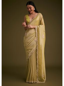 KALKI FASHION - Yellow Tissue Sequined Cut Dana Work Saree with Unstitched Blouse