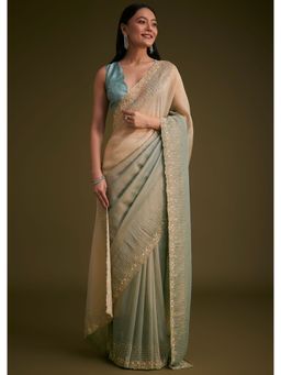 KALKI FASHION - Blue and Beige Ombre Cut Dana Stones Work Saree with Unstitched Blouse