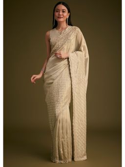 KALKI FASHION - Light Beige Tissue Sequined Cut Dana Work Saree with Unstitched Blouse