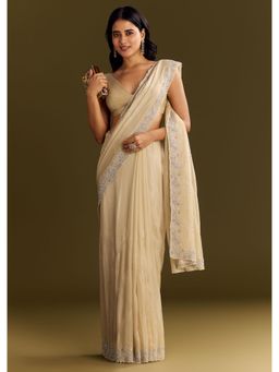 KALKI FASHION - Beige Tissue Cut Dana Beads Scallop Border Saree with Unstitched Blouse